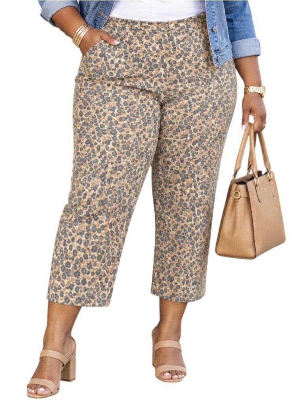 Ruby Rd. Plus Size 16 Capri Pants Leopard Print Tan & Blue Button Elastic Waist